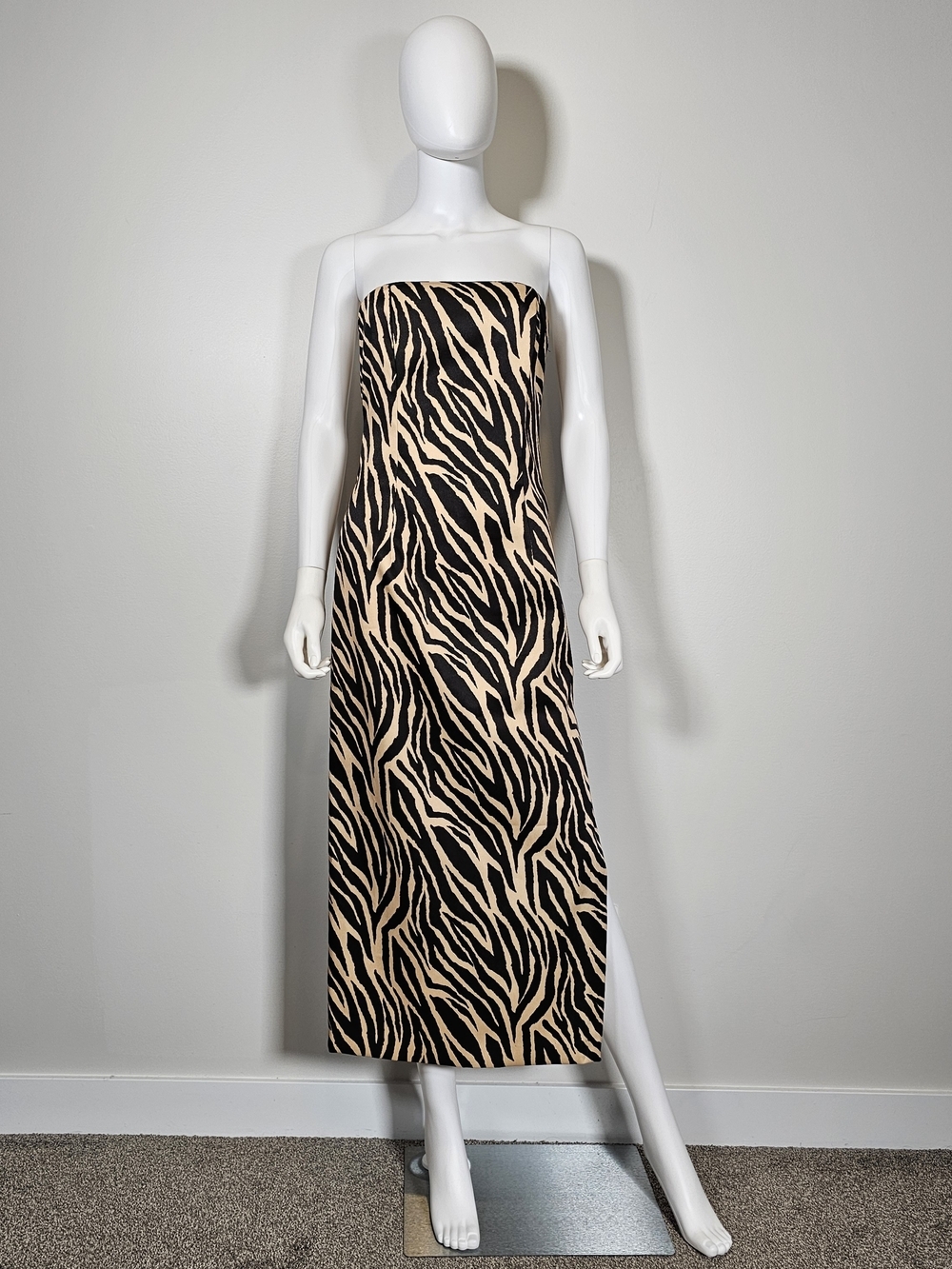 Gunne Sax Vintage Strapless Zebra-Print Midi Dress in Tan and Black Sz 5